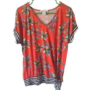 LASCANA FOR VENUS Floral Tie Hem Top Orange V Neck Short Sleeve Stretch Stripe
